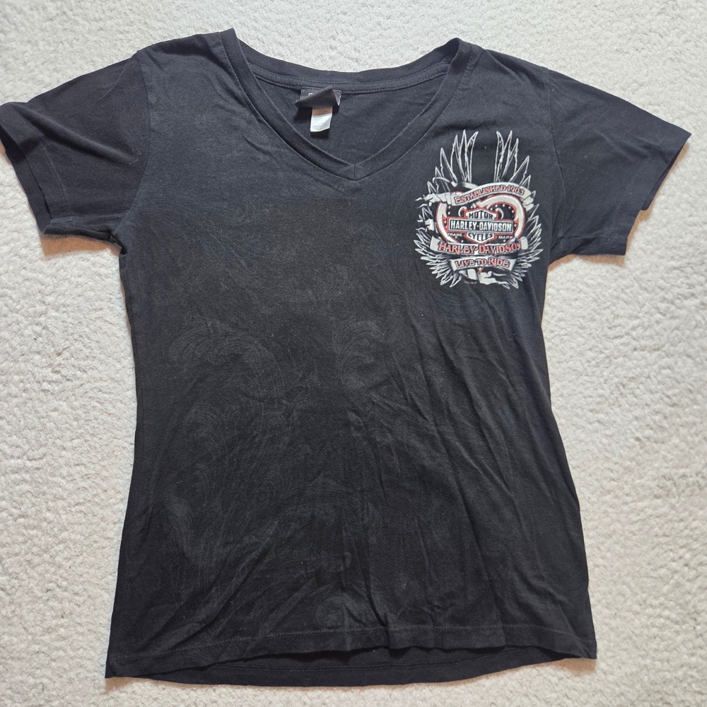 Harley-Davidson T-Shirt Womens L Black Graphic V-Neck Biker Moto Casual Edgy